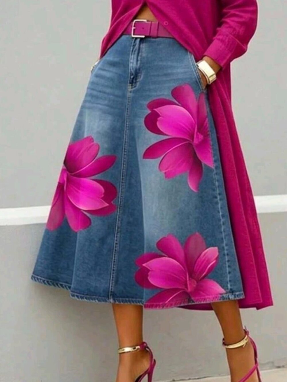 Fashionable Daily Wear Imitation Denim Floral Print Women's Skirt